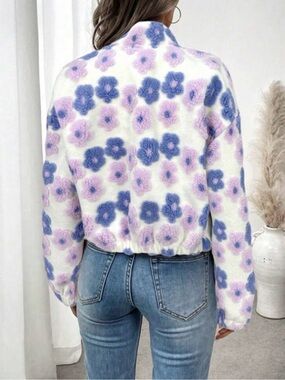 Floral Teddy Cropped Jacket - White with Lilac & Blue Flowers